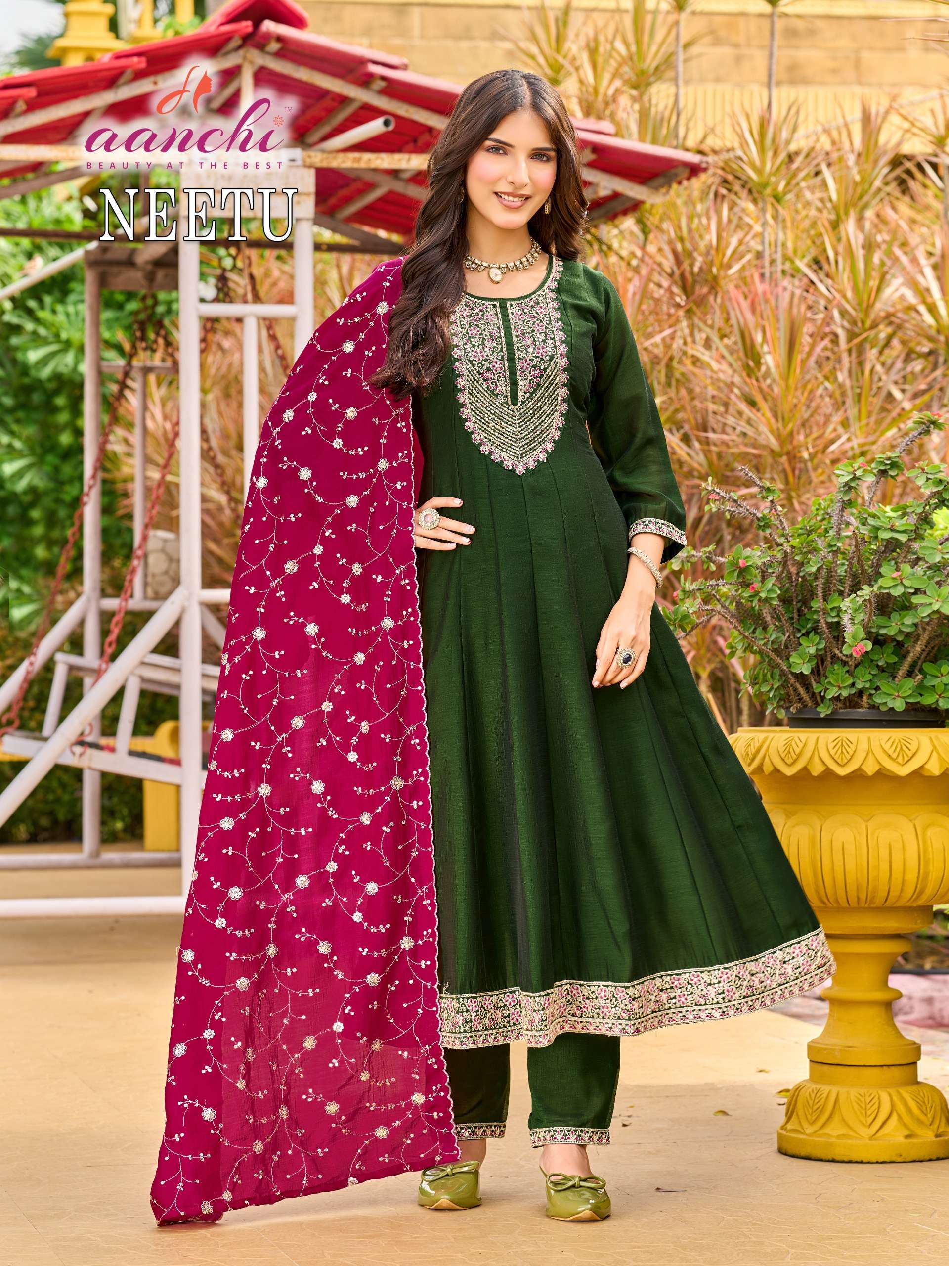 AANCHI NEETU BRANDED VICHITRA SHIMMER ANARKALI TYPE READYMADE SUIT SUPPLIER